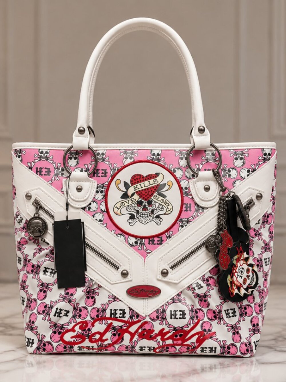 Ed Hardy Love Kills Pink Skull Rhinestone Tote Shoulder Bag NWT